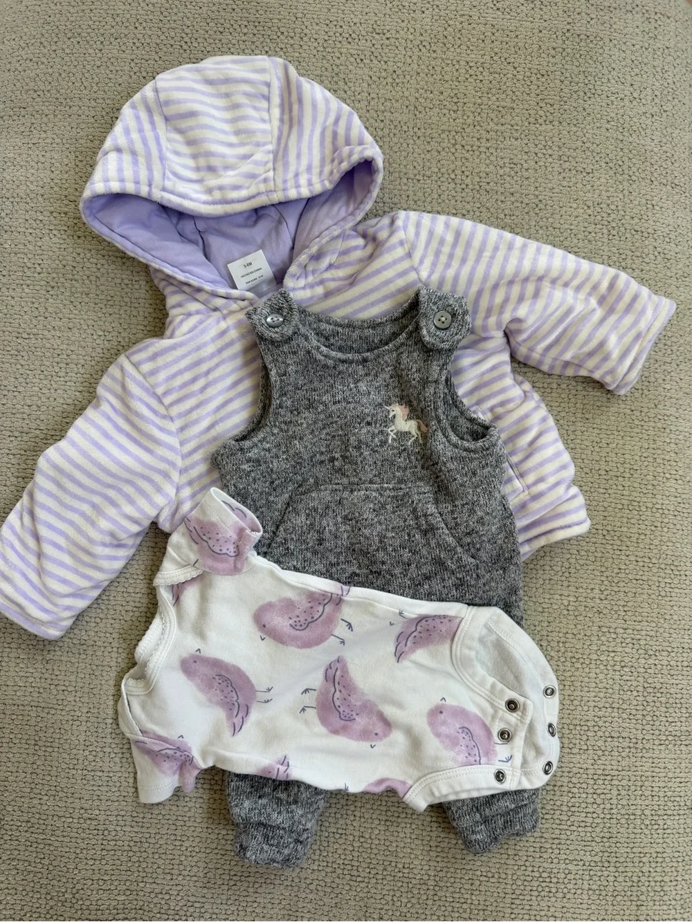 Purple with birds onsie, grey winter overalls with purple striped winter coat